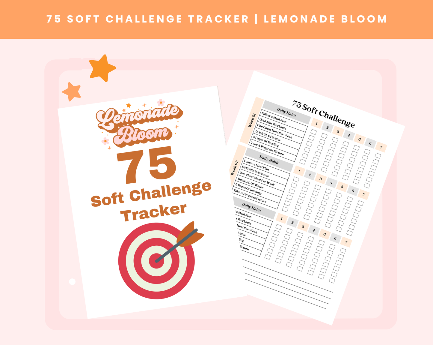 75 Soft Challenge Tracker digital planner by Lemonade Bloom, featuring wellness goals, motivational quotes, and tracking for exercise, diet, and emotional health.