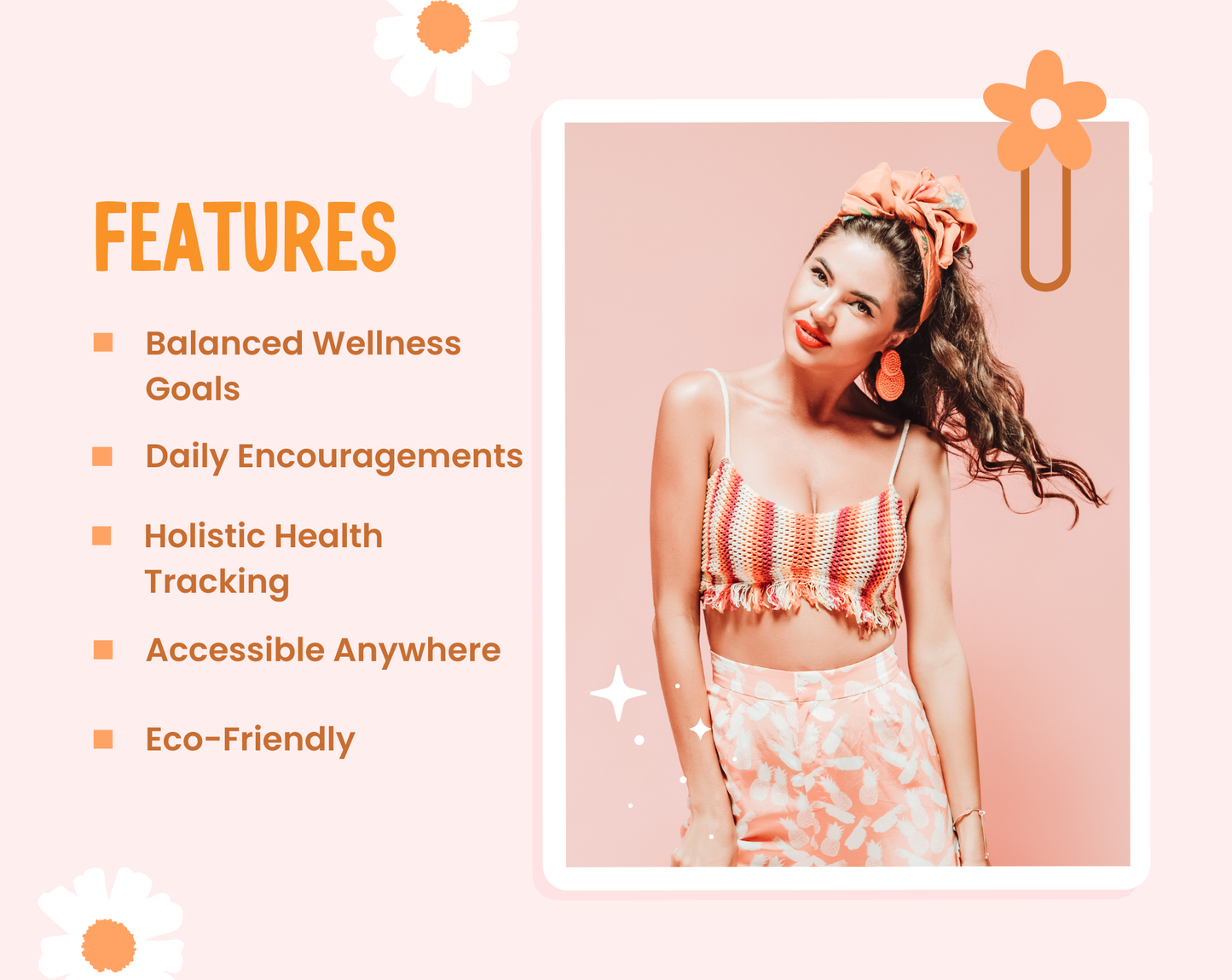 Features of the 75 Soft Challenge Tracker by Lemonade Bloom highlighting balanced wellness goals, daily encouragements, holistic health tracking, accessibility, and eco-friendliness.