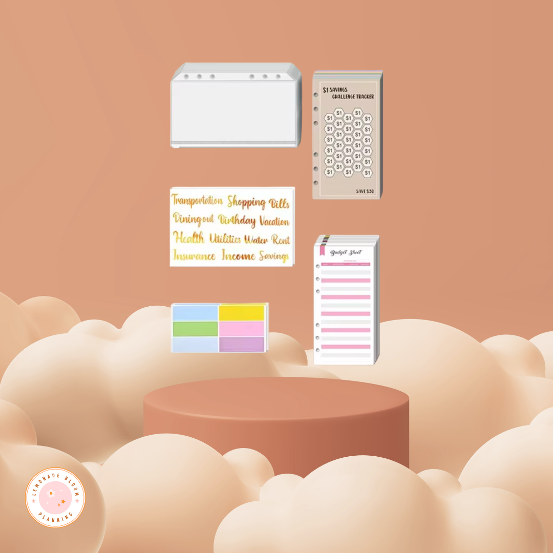 100 Envelope Blooming Savings Challenge set with retro 70s theme and motivational tools.
